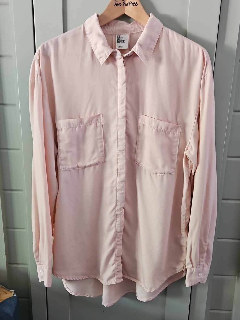 H&M Light Pink Long Sleeve Denim Top With Hidden Vuttons Sz 12